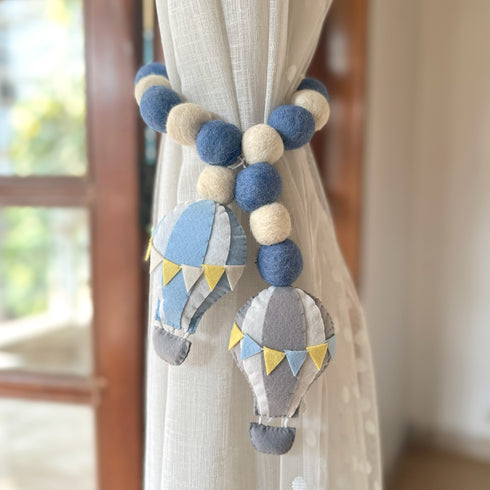 Blue Hot Air Balloons and Felt Ball - Curtain Tie Pair